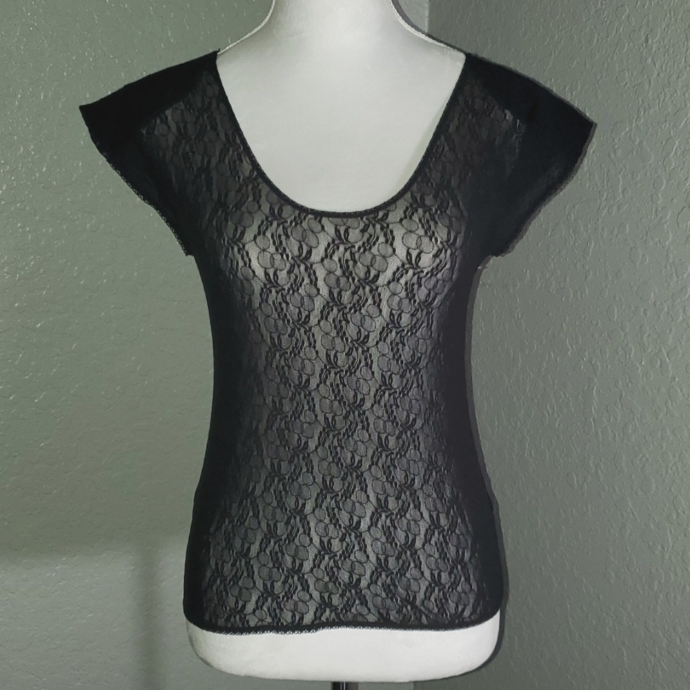 Womens Lace Mesh Black Rounded Neck Short Sleeve Sheer Top.